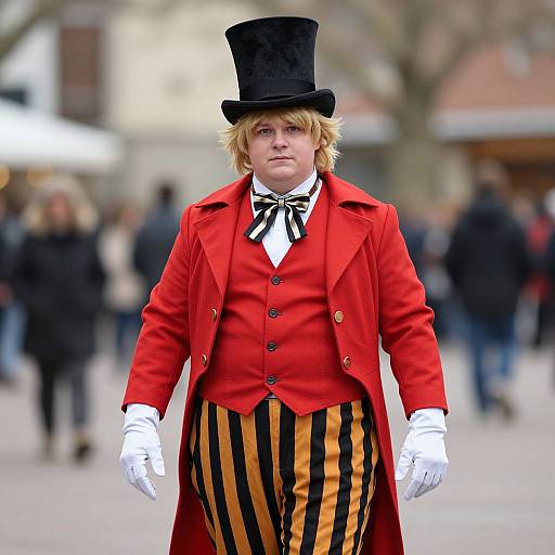 Photograph of a person with blonde hair in a black top hat, red coat, white gloves, black bow tie, and striped orange and black pants