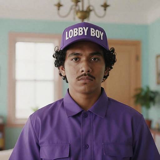 Serious Lobby Boy in Pastel Room