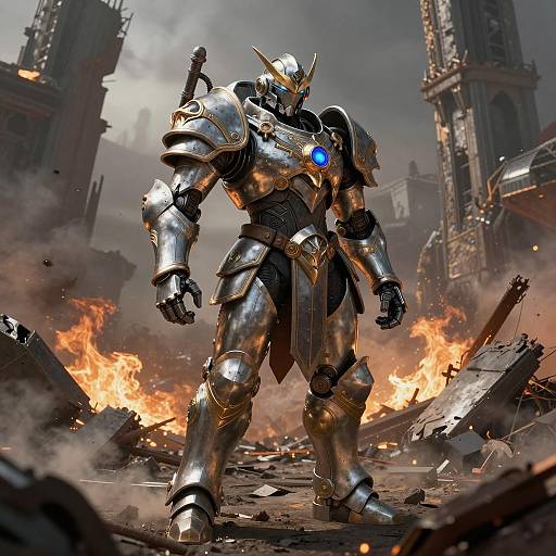 Ornate Mech Warrior in a Fiery Battlefield