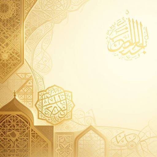 Photograph of ornate, golden Islamic architectural elements with intricate lattice patterns, Arabic calligraphy, and bright sunlight, creating a radiant, glowing effect.