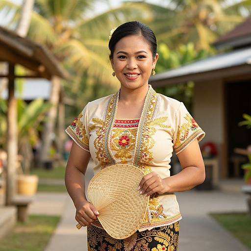 Smiling Asian woman in traditional cream and gold embroidered blouse, holding woven fan, standing in sunny tropical garden. Photo.