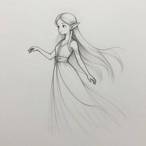Black-and-white pencil drawing of an elf woman with long flowing hair, pointed ears, and a simple, flowing dress, standing gracefully.