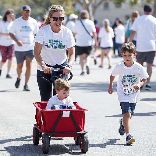Photograph of a smiling blonde woman with sunglasses pushing a red cart with a small boy, and a running older boy wearing white 