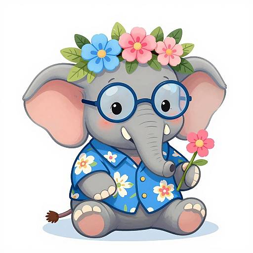Cute cartoon elephant with round glasses, blue floral shirt, and flower crown, holding a pink flower, sitting against white background.