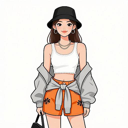Digital anime-style drawing of a young woman with long brown hair, wearing a black hat, white crop top, orange shorts with black flowers, gray jacket