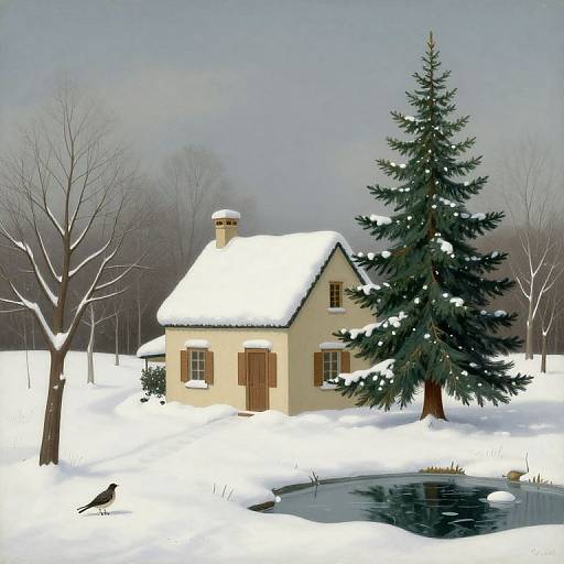 Digital illustration of a snow-covered cottage with a chimney, surrounded by a snow-laden pine tree and bare trees, near a small, frozen pond,