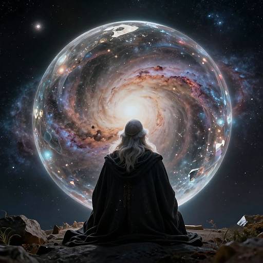 Digital art: Silhouetted figure with long white hair, draped in a dark cloak, gazes at a glowing, swirling galaxy in a star