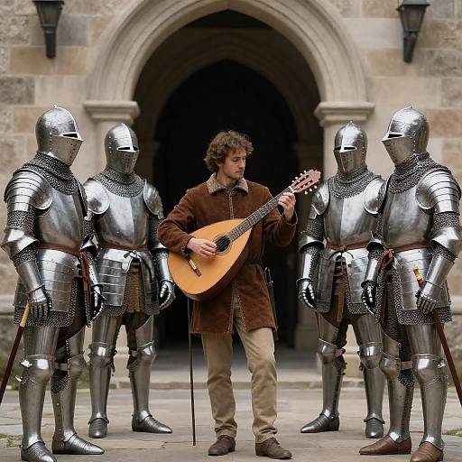 Medieval Musician Surrounded by Knights