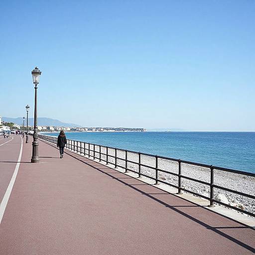 Photograph of a sunny seaside promenade with a lone walker in a dark coat, blue ocean, clear sky, and black lampposts.
