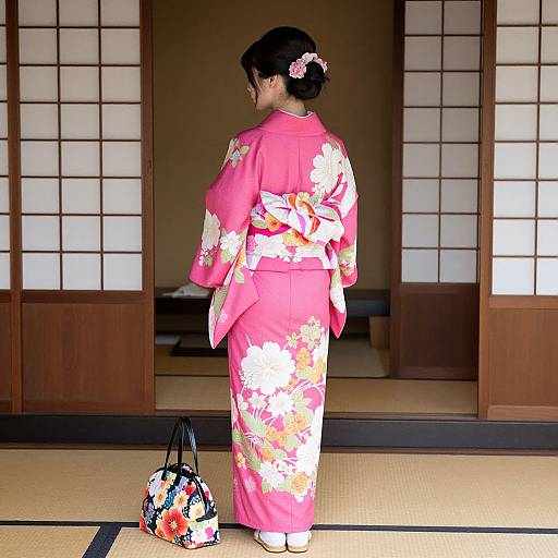 Photograph of a Japanese woman in a vibrant pink floral kimono, standing with her back to the camera, in a traditional room with shoji screens