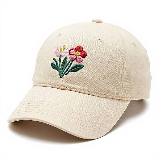 Photograph of a cream-colored embroidered baseball cap with a colorful flower design featuring pink, red, and yellow petals.