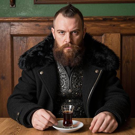 Photograph of a muscular, bearded man with a topknot, wearing a black fur-trimmed coat, intense expression, sitting at a