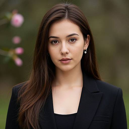 Photograph of a young woman with long brown hair, light skin, and brown eyes, wearing a black blazer, standing outdoors with a blurred green
