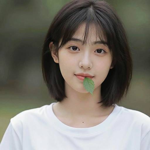 Photograph of an Asian girl with short black hair, pale skin, wearing a white shirt, holding a green leaf in her mouth, with a blurred