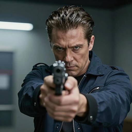 Intense Man with Gun in Dark Setting