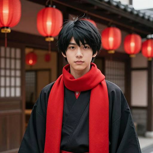 Asian Boy in Kimono with Lanterns