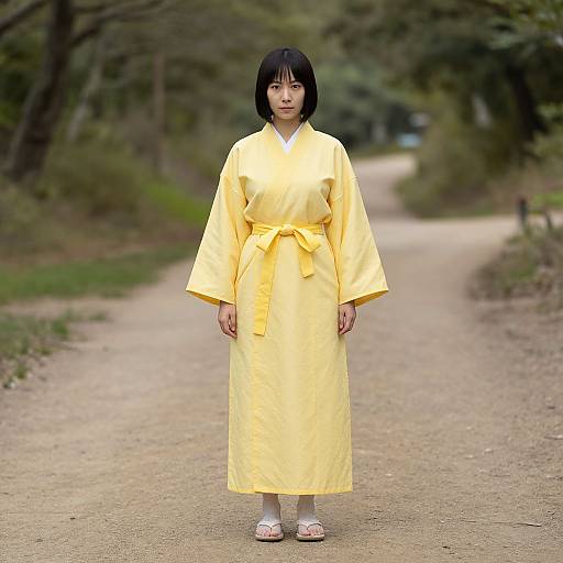 Photograph of an Asian woman with a bob haircut, wearing a bright yellow kimono and white sandals, standing on a forest path.