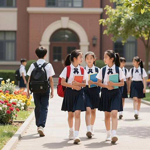 Schoolchildren Walking in Front of Brick Building