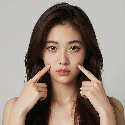 Young woman pointing at cheeks