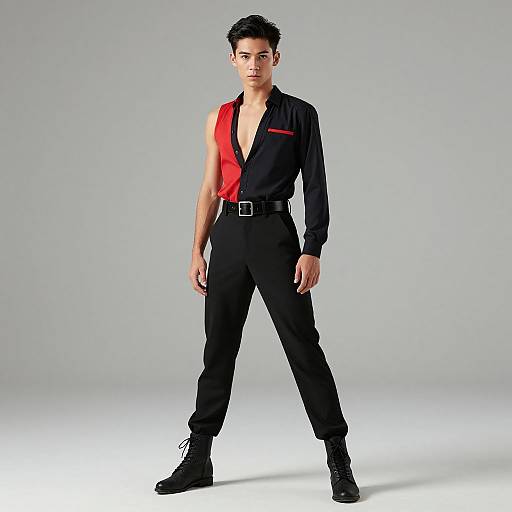 Photograph of a young man with short black hair, wearing a black sleeveless shirt with red stripe, black pants, belt, and black boots,