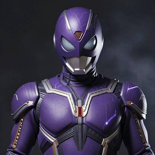 CGI image of a futuristic, purple armored superhero with glowing blue eyes, metallic textures, and a red emblem on the chest. Dark, smoky