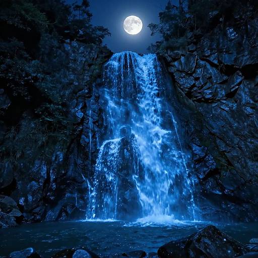 Moonlit Blue Waterfall at Night