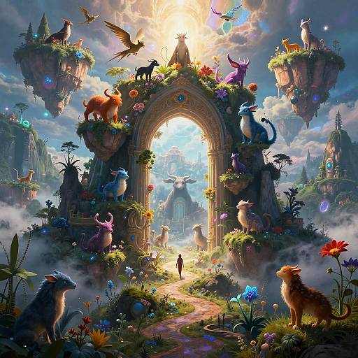 Fantastical digital art: Magical archway surrounded by floating islands, colorful creatures, and vibrant flora under a radiant sunlit sky.