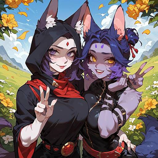 Anime Style Furry Girls Pose Outdoors