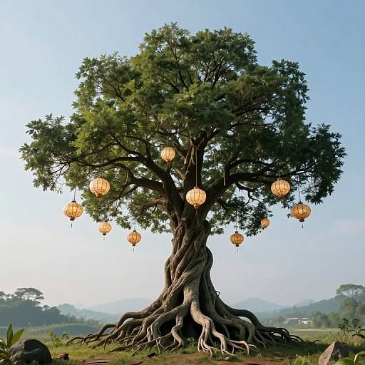 Photograph of a large, twisted tree with intricate, hanging lanterns, set against a clear blue sky and green, hilly landscape.