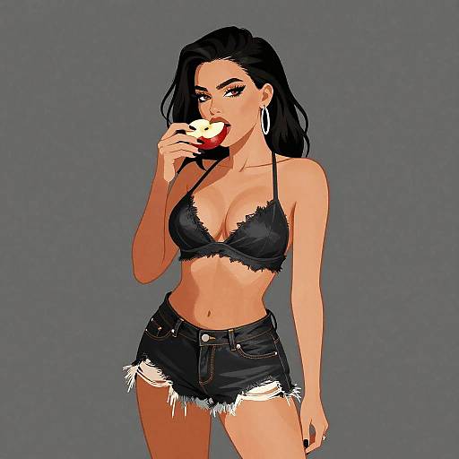 Digital illustration of a tan-skinned, black-haired woman with hoop earrings, biting a red apple. She wears a black lace bralette and frayed