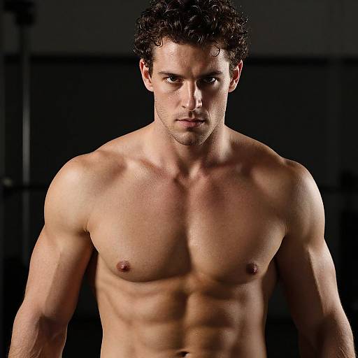 Photograph of a muscular, shirtless, young man with short, curly dark hair, and intense gaze, standing against a dark, blurred background.