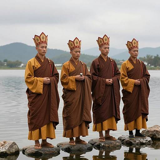 Four Monks Standing on Rocks by Water