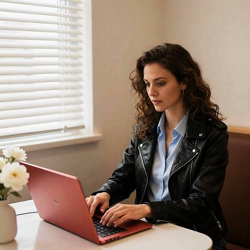 Focused Woman Typing in Cozy Cafe