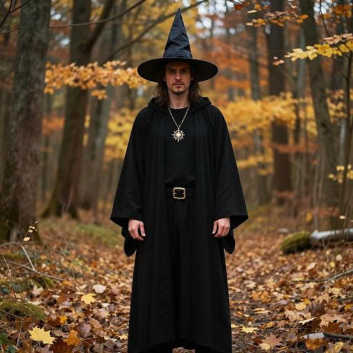 Man in Modern Witch Costume in Autumn Forest