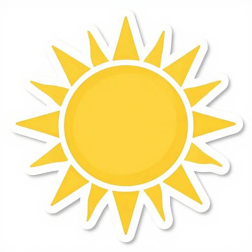 Bright, cartoon-style yellow sun with white-edged rays, centered on a white background. Simple, vibrant graphic design.