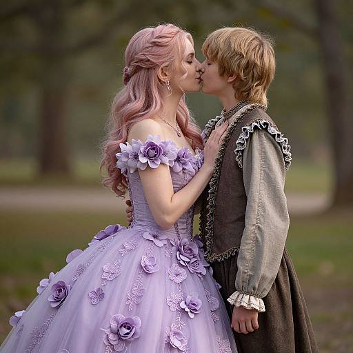 Photograph-style CGI of a pink-haired woman in a lavender, flower-adorned ball gown kissing a blonde boy in a grey, ruffled vest
