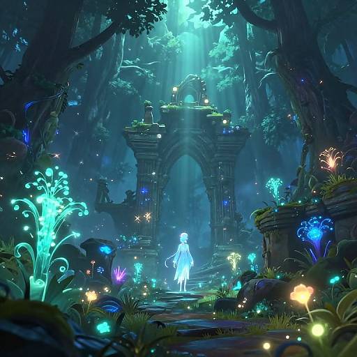 Digital fantasy artwork of a glowing blue figure standing before a luminous, ancient ruin in a bioluminescent forest, surrounded by vibrant, ethereal