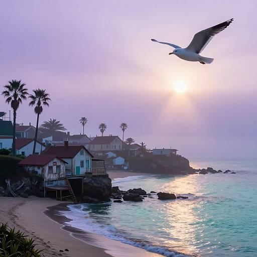 Photograph of a serene coastal sunset with a flying seagull, palm trees, beach houses, and shimmering ocean waves.