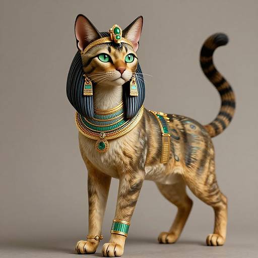 Digital artwork of a regal, striped cat with green eyes, adorned in Egyptian-style gold and turquoise jewelry, standing on a gray background.