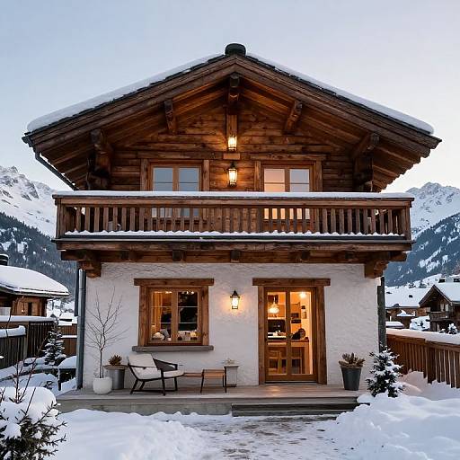 Photograph of a rustic, wooden chalet with a snowy roof, lit windows, and a cozy balcony, surrounded by snow-covered mountains.