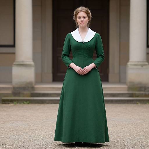 Photograph of a young woman with fair skin and brown hair in an 1850s-style green dress with a white collar, standing in front of