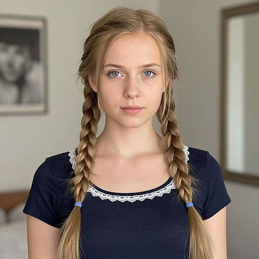 Photograph of a young Caucasian woman with light blue eyes, long blonde hair in two braids, wearing a black lace-trimmed shirt, standing