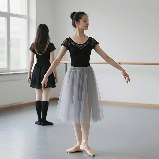 Young Ballerina in Black Lace and Gray Tulle Skirt