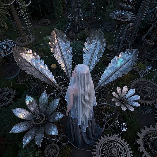 Digital art: ethereal figure with glowing white feathers and translucent veil, surrounded by intricate blue and silver gears and flowers.