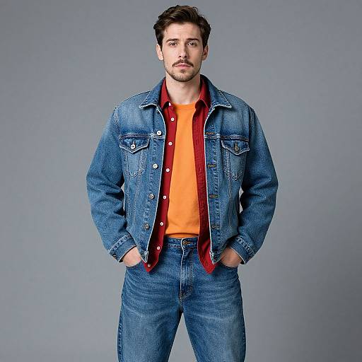 Photograph of a bearded man with short dark hair, wearing a blue denim jacket, orange t-shirt, and blue jeans, hands in pockets,