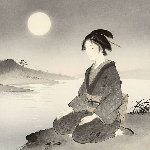 Monochrome woodblock print of a serene Japanese woman in a traditional kimono, seated by a moonlit lake, with a full moon overhead.