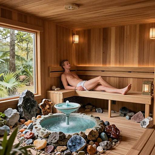 Photograph of a shirtless man in white briefs, relaxing on a wooden bench in a rustic, wooden sauna with a crystal-filled fountain. Sun