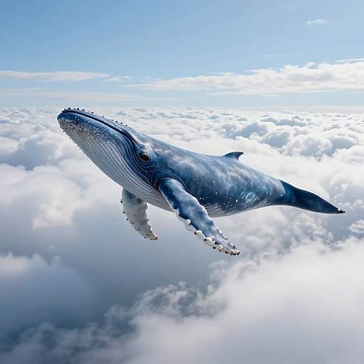 Photograph of a majestic blue whale soaring above fluffy white clouds, with a clear, bright blue sky in the background.