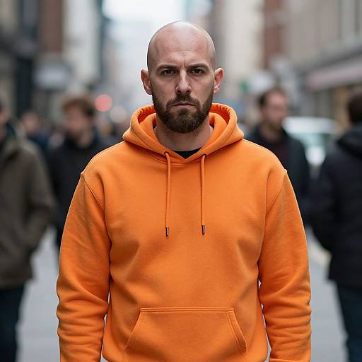 Serious Man in Vibrant Orange Hoodie