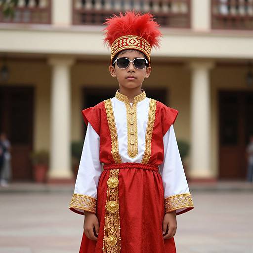 Photograph of a young boy with medium brown skin wearing a red and white traditional outfit, red feathered headdress, and sunglasses, standing in front